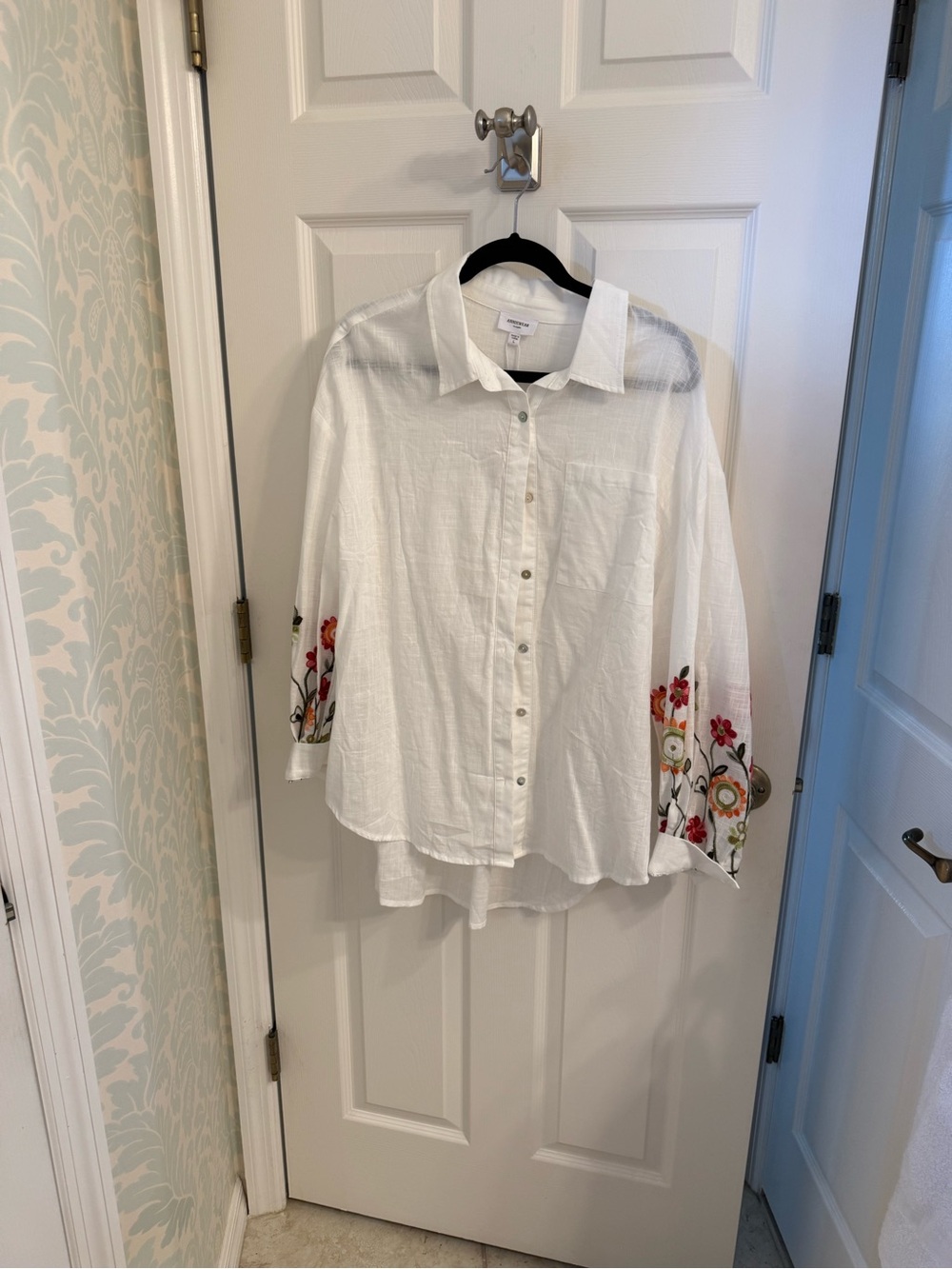 White Button-Front Blouse with Floral Embroidered Sleeves NWT